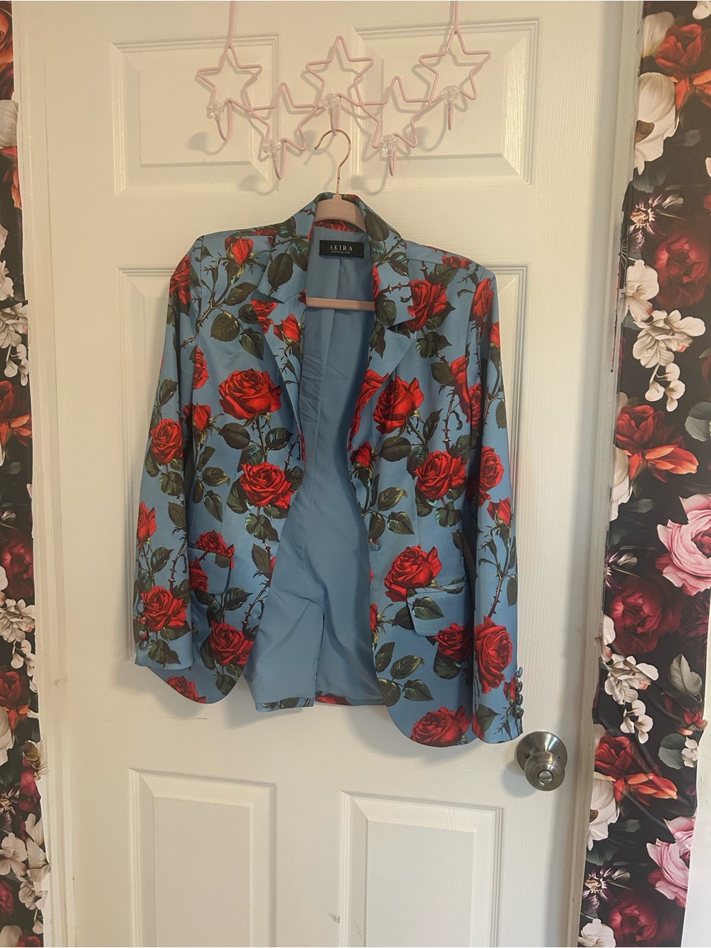 AKIRA Light Blue Blazer with Red Rose Print